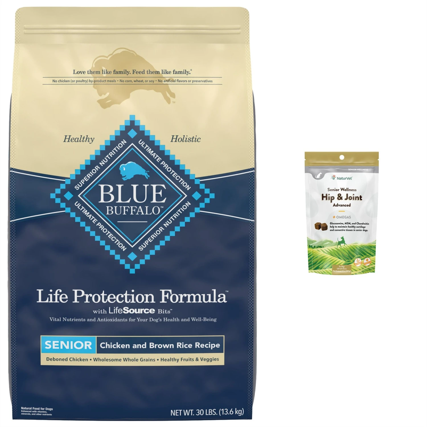 NaturVet Senior Wellness Hip & Joint Advanced Glucosamine, Chondroitin & MSM Plus Omegas Dog Supplement & Blue Buffalo Life Protection Formula Senior Chicken & Brown Rice Recipe Dry Dog Food 3 NaturVet Senior Wellness Hip & Joint Advanced Glucosamine, Chondroitin & MSM Plus Omegas Dog Supplement & Blue Buffalo Life Protection Formula Senior Chicken & Brown Rice Recipe Dry Dog Food