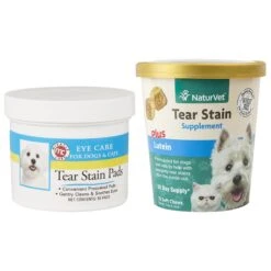 NaturVet Tear Stain Plus Lutein Soft Chews Vision Supplement For Cats & Dogs & Miracle Care Eye Clear Cleaning Pads For Dogs & Cats
