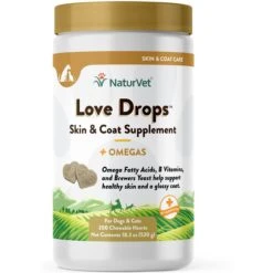 NaturVet Love Drops Plus Omegas Peanut Butter Flavored Chewable Tablets Skin & Coat Supplement For Cats & Dogs