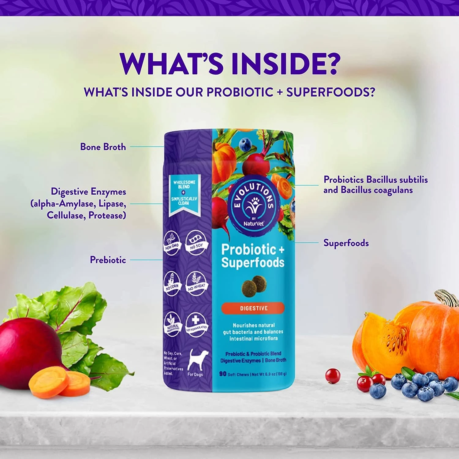 Naturvet Evolutions Probiotic + Superfoods Soft Chews Dog Supplements - 90 Count 5 Naturvet Evolutions Probiotic + Superfoods Soft Chews Dog Supplements - 90 Count - Image 3